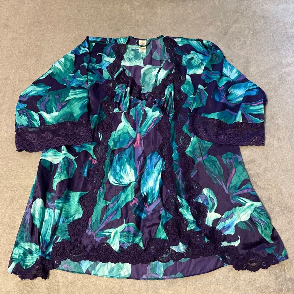 In Bloom by Jonquil Set Robe Slip Nightgown Med Large Purple Lace Teal Floral